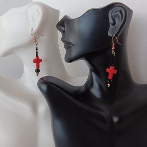 Handmade Red Stone Cross Earrings with Black Beads On Copper Hooks 2.25 Inch NWT